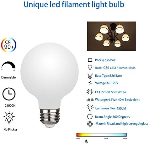 G25(G80) 4.5 W Globe LED Edison Light Bulb, мек бял 2700K, CRI95 Dimmable 450lm , E26 Medium Base, Млечния Glass Finishing, Идеално място за Суета Грим огледало, Droplight под лампа（4.5 W-2700K-6pack）