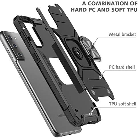 Съвместимост с Galaxy S21 Plus Case, Тежкотоварни Калъф с Магнитно Автомобилен Монтиране Kickstand Armor Anti-Scratch Bracket Капак за Samsung Galaxy S21 Plus, Черен