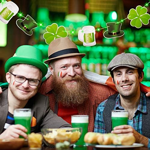 Hiboom St. Patrick ' s Day Decoration Banner Лъки Shamrock Clover Leprechaun Hat Beers Garland Banner with 8 Modes Green String for Lights Irish Party Supplies