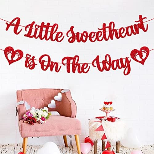 Happy Valentine 's Day Baby Shower Banner A Little Sweetheart is On the Way Banner Valentine' s Day Gender Reveal Party Доставки Glitter Red Pink