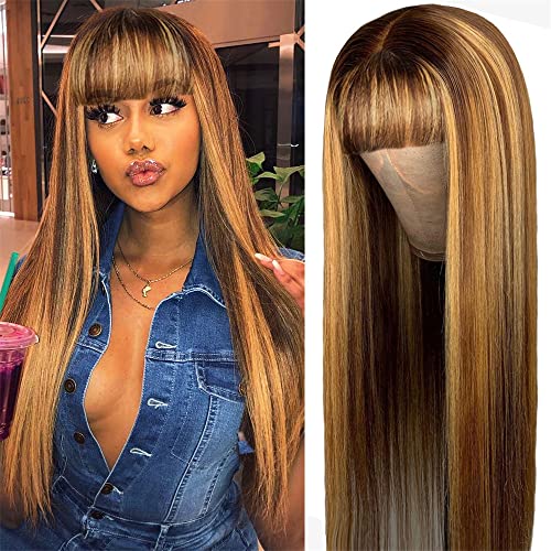 Ombre Honey Brown Забавно T Part Lace Front Wigs with Baby Hair for Women Pre Plucked Highlight Бразилски Девствени Пряка Човешка Коса Средната Част на Перука 150% Плътност на 16 Инча