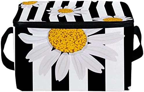 Daisy Flower Black White Stripes Insulated Lunch Bag, За Многократна Употреба Контейнер За Обяд С Пагон, Обяд-Охладители Thermal Box Meal For Middle/High Student/Adults
