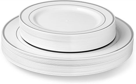 Laura Stein Designer Dinnerware Set of 40 Premium Plastic Wedding/Party Plates: Бял, Син панел. Комплектът включва 20 места за хранене чинии 10,75 инча и 20 маруля чинии 7,5 инча | Класическа серия