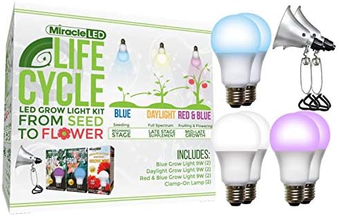 Miracle LED Plant Life Cycle LED Технологична-Grow On Light Lamp Kit with 3 Absolute Daylight 9W Bulbs for Three Stages of Growing (2-Pack)