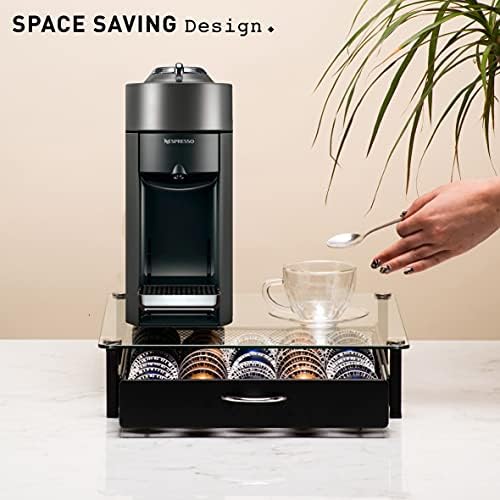 Максималната Кафе Капсула Кутия За Съхранение на Тавата за 45 Nespresso Vertuo Vertuoline | Coffee Pod Holder Box, Organizer & Machine Stand with Tempered Glass Top | Smooth Drawer Action