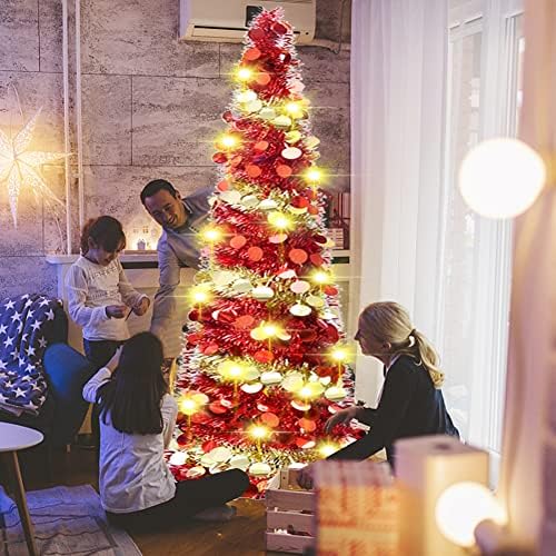 5Ft Коледна Сърма Дърво с 50 Светодиодни Топли Светлини Изскачащи Сгъваеми Блестящи Пайети Изкуствени Коледни Карандашные