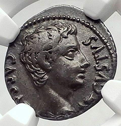 1 АВГУСТ Е Автентичен Древен 19BC AR Римска монета OB Denarius XF NGC