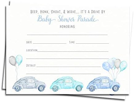 Drive by Baby Shower Fill in the Blank Invitation Parade VW Invites Baby Boys It ' s a Boy Light Blue Pastel Bug Watercolor