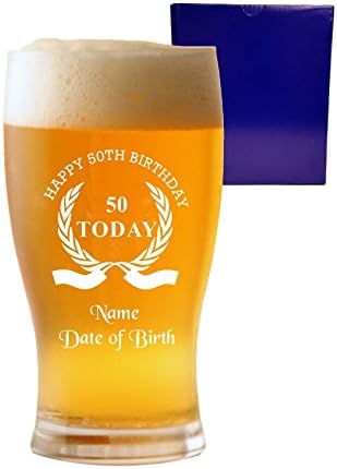 ПЕРСОНАЛНИ ГРАВИРАНЕ (до 20 символа) 1 Пинта Тюльпанного бира чаши с дизайн, венец Happy 50th Birthday и Подарък кутия