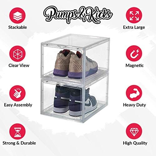 PUMPS&РИТНИЦИ Shoe Storage Organizer Boxes | 3 Pack | Clear Plastic | Stackable for Closet | Drop Front Opening | Extra Large for High Top sneakers, Мъжки size 14 and Womens High Heels (Clear)