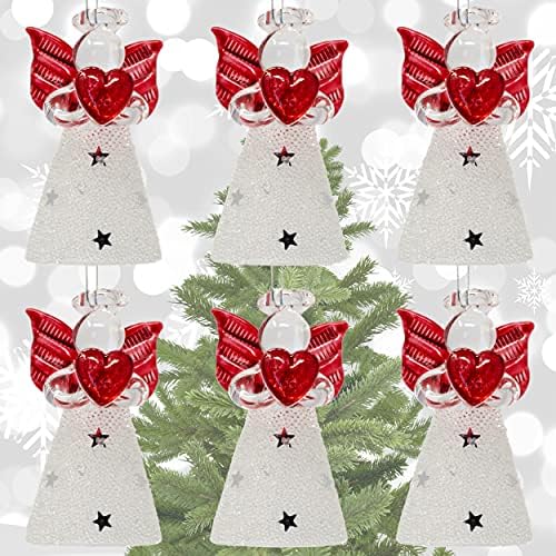 BANBERRY DESIGNS Christmas Angel Ornaments - Комплект от 6 Стъклени Бели Блестящи Звездни Ангели с Червени Сърца и крилата