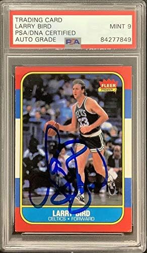 Larry Bird Signed 1986 Fleer #9 Баскетбол Card HOF PSA/DNA Mint 9 Autograph - Грозен Баскетболни карта