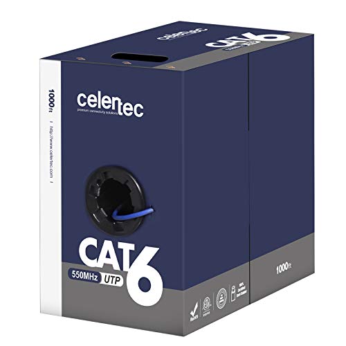 celertec CAT6 Кабел Ethernet, 1000ft, 23AWG Твърда Баретата мед, Неекранирана усукана двойка(UTP), 550 Mhz, ETL Listed &CMR Странично висока оценка, Вътрешен, на Едро Ethernet кабел, Pull Box -Син
