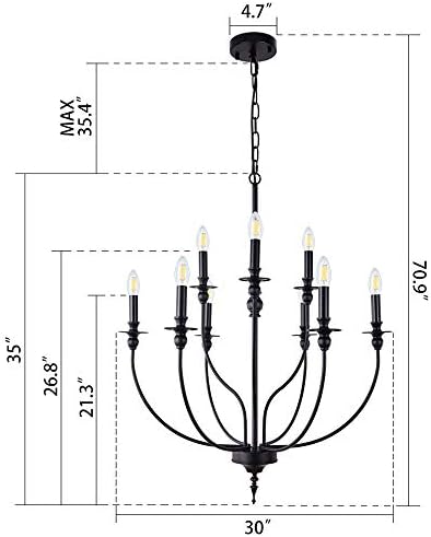 Wellmet Black Farmhouse Chandelier for Dining Room, 9 Light 2-Tier Rustic Classic Свещ Ceiling Hanging Light Fixture, Modern French Country Pendant Lighting for Island Kitchen, Living Room, 30 Dia