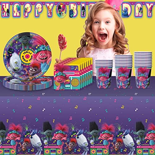 Trolls Party Supplies for 16 - Големи Чинии, Салфетки, Чаши,Банер честит Рожден Ден, на Кутията на масата - един Чудесен Набор от съдове за готвене w/Poppy, Гай Diamond, DJ Suki, Biggie & Prince Gristle