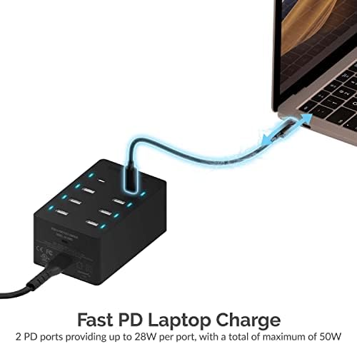 Sabrent 100 Watt 8-Port Family-Sized USB Rapid Charger [UL Certified ] - включва 2 порта PD (Power Delivery) (AX-ADPD)