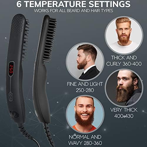 Гребен за изправяне на брадата за Мъже - Подобрена Професионална четка за изправяне на брадата с LCD дисплей, 6 настройки на топлина - Включва пътен калъф, дървен греб?
