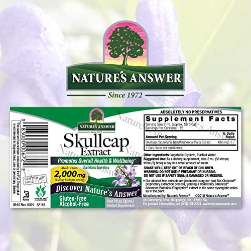 Nature's Answer Безалкогольная Добавка Skullcap Herb Extract Supplement 1-Ет. Унция течност | Натурална Успокояваща Добавка