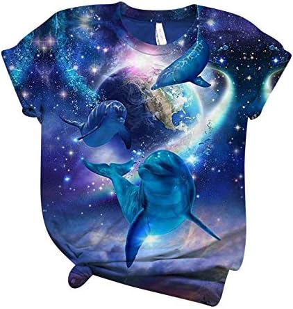 Дамски Летни Блузи с Къс Ръкав Топ за Жени 3D Делфин Графичен Тениска Сладък Crewneck Тениски Годишният Модерен Пуловер