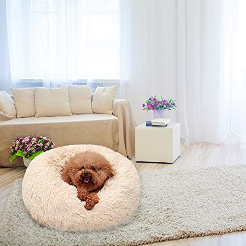 Dono Calming Cat Dog Bed,Donut Washable Anti-Slip Warming Cozy Soft Dog Round Bed Тревожност Пухкави Изкуствена Кожа Плюш за Малки Кученца от Средни Кучета и Котки