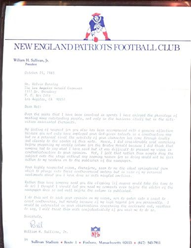1983 Футбол NFL New England Patriots Letter Signed by William H Sullivan Jr. - NFL Autographed Miscellaneous Items