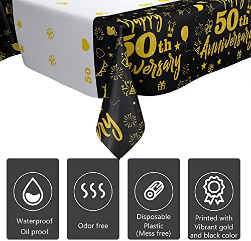 DARUNAXY 3PCS Happy 50th Anniversary Table Cloth Покриване на Партия Декор 54x108 Inch Black Gold за Еднократна употреба