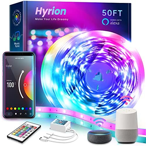 Hyrion 50фут Smart Led Strip for Lights Bedroom, Sound Activated Color Changing with Алекса and Google, Music Sync RGB