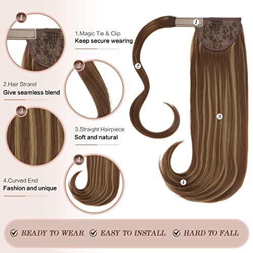FESHFEN Опашка Extension 18 Wrap Around Pony Tail Clip in Hair Piece Long Straight Ponytails Hair Extension Brown Highlighted