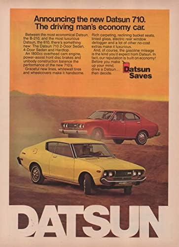 Реклама в списанието: 1974 Datsun 710 2-врати, 4-врати седан, 1800cc,Икономичен автомобил на водача,Datsun Saves