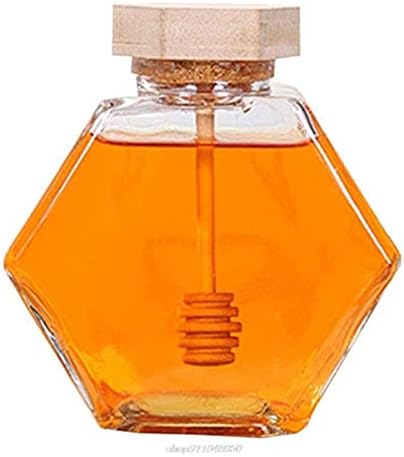 ZMEIMEI Hexagon Shape Honey Pot, стъклен буркан за Мед, с дървена кофа и корк капак, подходящ за домашна кухня, прозрачен