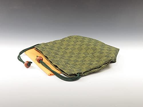 Guinomiya Sake Cup Pouch Checked Pattern in Yellow-Green 9FUK0930 Mikawa-Cotton/Wooden Loop Ends