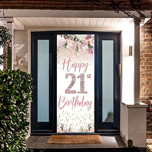 Честит 21-ви рожден ден на банер розово цвете снимка вратата фон украса момичета на 21-ия рожден ден на вратата се закачалка