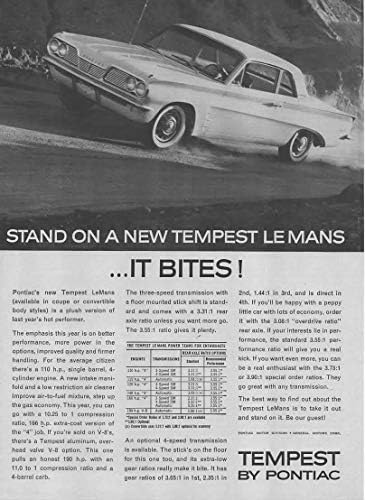 Комплект от 2 оригинални списания, печатни реклами: 1962 Pontiac Tempest льо ман, Диаграма с двигатели-предавания-Варианти передаточного отношения задната ос,Застанете на н?