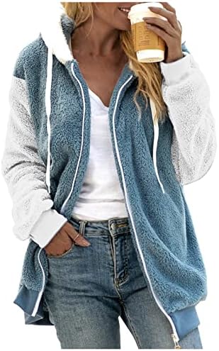 Пухкави Флисовые Зимни Палта за Жени Color Block с Дълъг ръкав Faux Fur Jackets Zip Up Hooded Outwear Coats (Blue-3, XXXL)