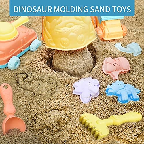 IPIGGO Beach Toys with Dinosaurs and Train Molds, 16 PCS Sand Toys Set with Tank Train Dinosaurs, Lion Head Molds Bucket
