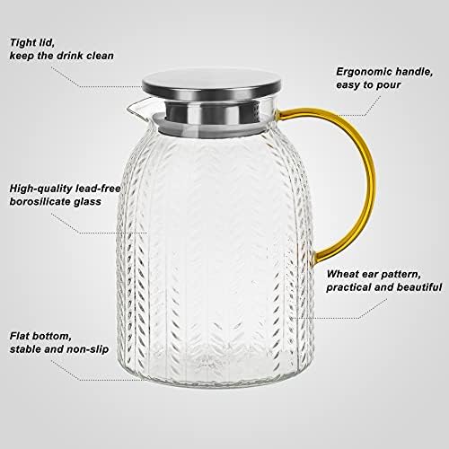 1.8 л Стъклена Кана с Капак - Пшеничен Колос Модел Гарафа за напитки с Дръжка - Топлоустойчива Стъклена кана за вода за лимонада, сок, горещи/студени напитки - Включите
