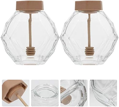 Стъклен буркан Мед с Кофа: 2 елемента Прозрачна Саксия Мед с Капак на Дървена Малък Контейнер За Съхранение на Мед Диспенсер
