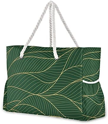 TSENQUE Extra Large Beach Bag, Blue Feather Leaves Washable Beach Tote Bag for Women