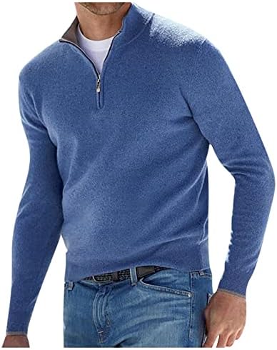 Мъжки Четвърт Цип Пуловер Пуловер Случайни Slim Fit Шарени Поло Пуловери Класически Светкавица Висока Врата Плътен Цвят