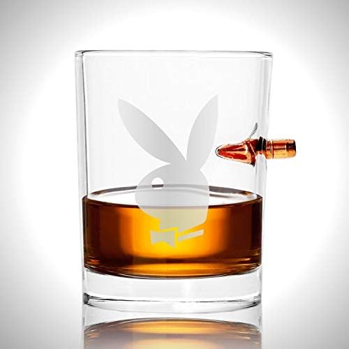 РЕДКИ-T Playboy Shot Glass - Ръчно изработени Playboy Etched Rock Glass Shot Glass with Embedded Bullet
