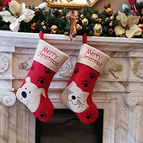 WEWILL 18' Котка Филц и Коледни Чорапи Лапи Бродирани за Домашни Любимци Червен Коледен Отглеждане Подарък Чанта Маншет