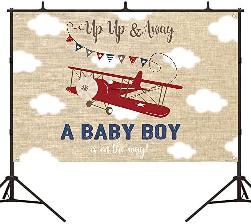 Bellimas Самолет Baby Shower Background Up, Up and Away A Baby Boy is On The Way Decorations Clouds Adventure Уейтс Boy Party Background Oh Boy Банер с Мед Люверсами