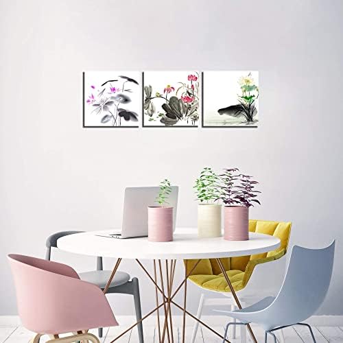 NAN Wind Small Size Traditional Chinese Painting of Lotus Цветя Декор Платно Prints 3 Pcs Watercolor Цвят Wall Art 16x16inches 3pcs/Set Stretched and Frame Ready to Hang for Home Decor