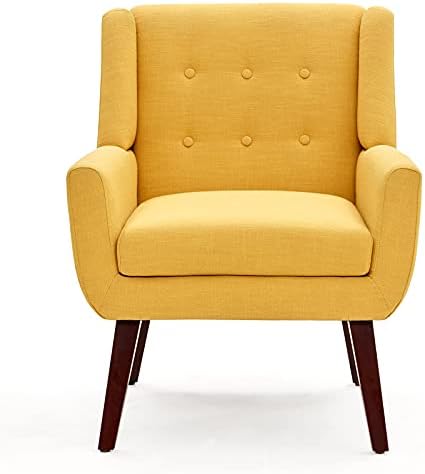 HUIMO Accent Chair, Button Tufted Softed Sofa Chairs, Удобен Linen Fabric Chair for Bedroom, Reading, Mid-Century Modern Living Room Chair (Yellow)