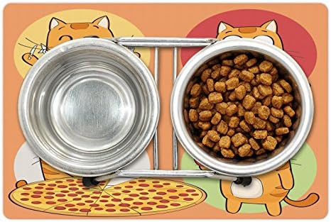 Lunarable Cat Пет Mat for Food and Water, Characters Food Fork Breakfast Pizza Apple Cartoon Design, Правоъгълник Нескользящий