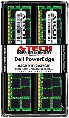 A-Tech 128GB (4x32GB) RAM за Dell PowerEdge R320, R420, R420XR, R520, R620, R720, R720XD, R820, R920 | DDR3 1333MHz ECC-RDIMM PC3L-10600 4Rx4 1.35 V ECC Registered DIMM Server Memory Upgrade Kit
