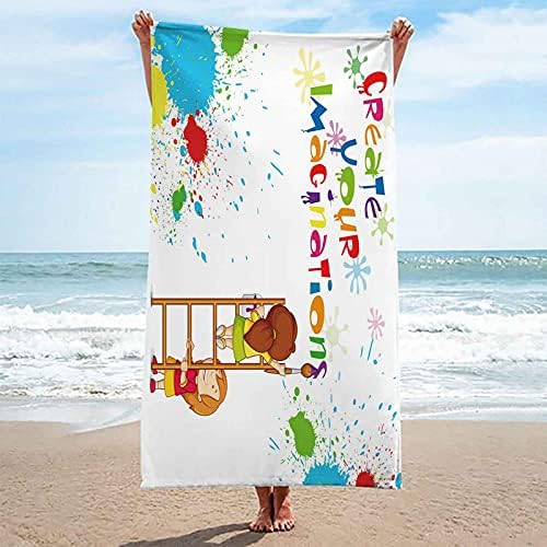 Плажна кърпа от микрофибър VJEJSE Extra Large Little Girl Drawing 3D Quick Dry Soft Lightweight Compact Bath Towel - идеален