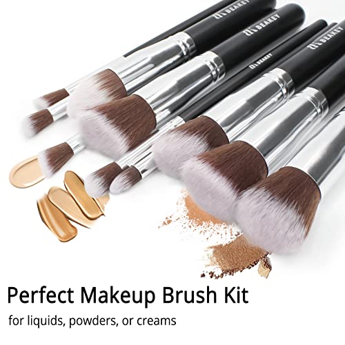 BEAKEY Makeup Brush Set Premium Synthetic Фондация Face Powder Blush Eyeshadow Kabuki Brush Kit, Четки за Грим с Гъба за Грим и Почистване на Четки (10+2 елемента, черен/сребрист)