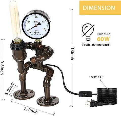 HAITRAL Industrial Table Lamp -Ретро Steam Punk Robot Lamp with a Water Meter Декор,Creative Забавни Water Pipe Настолна