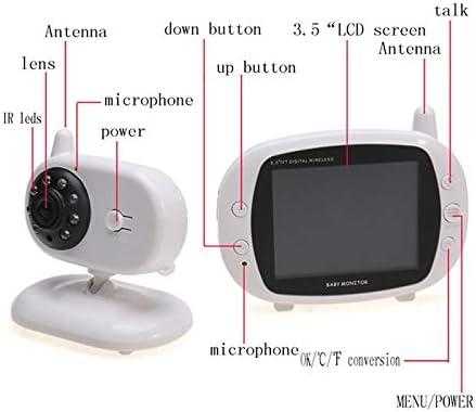 Yiqiaojiaxin 3,5-инчов LCD дисплей 2.4 Ghz тунер, Камера за видеонаблюдение Детски монитор с 8 IR led Нощно Виждане, двупосочна гласова разговор(бял) (Цвят : бял)